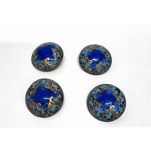 Quatre Boutons de gilet Cuivre Emaillé Décor rinceaux 1900 tissus ancien vêtement Ref1181