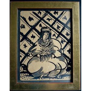 Orientalist Watercolor Of A Seated Oriental Woman, Indian Ink, Unsigned, 20th Century, Rt1474