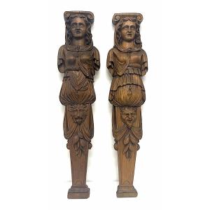 Renaissance-style Carved Wooden Caryatid, 1880, Ref. 1188, Pair Of Ter