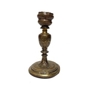 Antique Gilded Bronze Torch-shaped Candlestick, Louis XIV-style Candleholder Ref1193