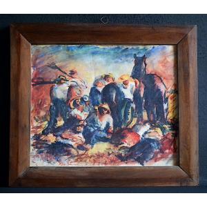 Expressionist Watercolor Depicting A Rural Harvest Scene From The Early 20th Century, Signed And To Be Identified, Rt1477