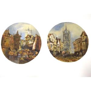 Deux Aquarelles Saint Nicolas New Castle scène de rue animées angleterre Refm1182