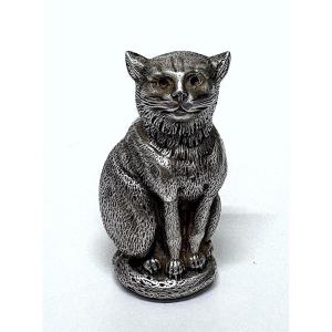 Chat Assis Sculpture Sujet Animalier en Argent massif canne ombrelle XIX ème siècle Ref1204