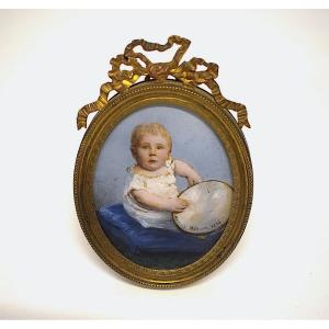 Photo Miniature peinte Bebe Tambourin Heraud joli Cadre photo Bronze Doré Ref1205