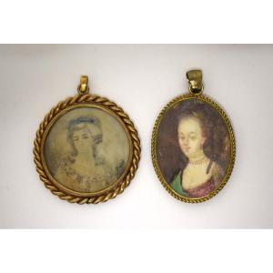 Deux Pendentif Miniatures peinte portrait de femme Cadres Bronzes XVIII ème Ref1208