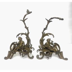 Pair Of Rococo-style Bronze Fire Tongs With Putti And Naturalistic Decorations Ref1209