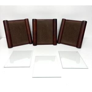 Trois Cadres Photo Art Deco Cuir brutaliste ou cubiste Ref1219