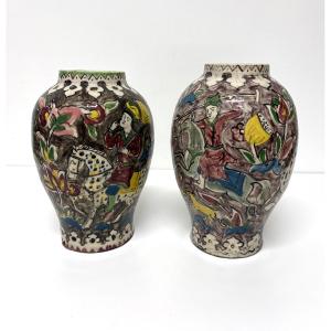 Pair Of Ottoman Iznik Persian Ceramic Vases With Polychrome Animal Motifs Ref1224