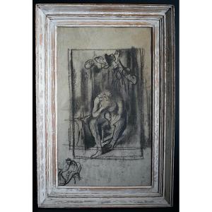 Jean d'Esparbes, Signed: Charcoal Drawing Of A Sad Clown, 20th-century Theater, Rt1491