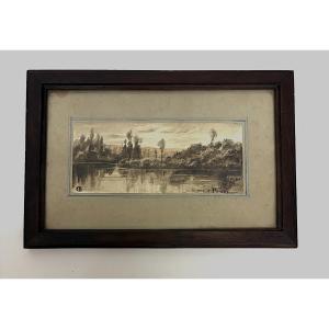 Miniature Watercolor, Ink Wash, Poissy On The Banks Of The Seine, Monogram Cb, Ref. M1187