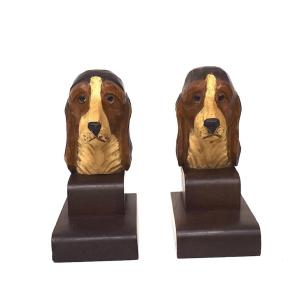 Art Deco Wooden Carved Dog Bookends: English Setter And Beagle, 1930–1950, Ref1190