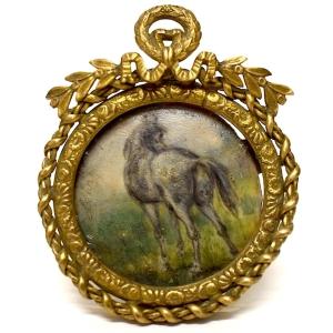 Horse Miniature Oil Painting Gilded Bronze Medallion Photo Frame, Signed Refm1187