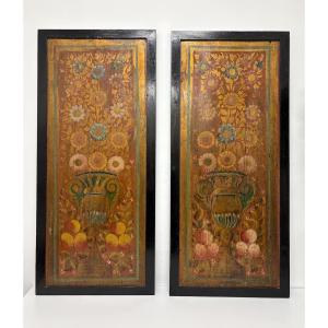 Pair Of Large Decorative Panels Depicting A Vase Of Flowers, Made Of Painted Wood, From Alsace Or Rhéhan, Ref. 1198