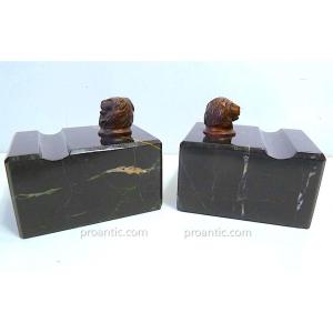 Pair Marble Inkwell Lion Head Carved Wood Art Deco Inkwell French Around 1925 Ref69