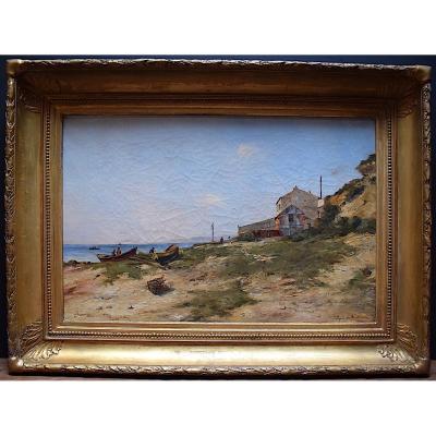 P Pageot Des Nouttieres Marine Landscape Boats Seaside Fishermen XIX 19th Rt100