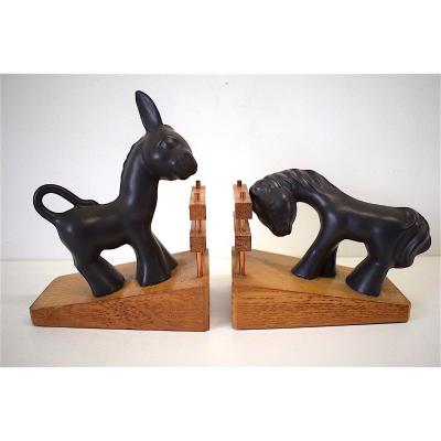 Colette Gueden Ceramic And Wood Donkey Pony Bookends 1950 XX 20th Ref136