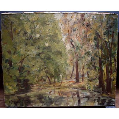  Paysage Impressionniste Forêt étang rivière Sous Bois Signé à Identifier XX RT222