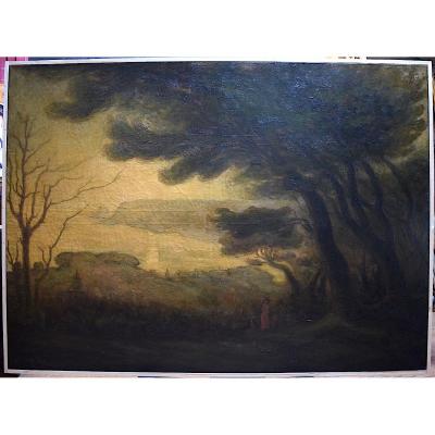 Sign&eacute; Aubert Paysage Marine Personnages Symboliste GRAND FORMAT D&eacute;but  XX  RT299 *