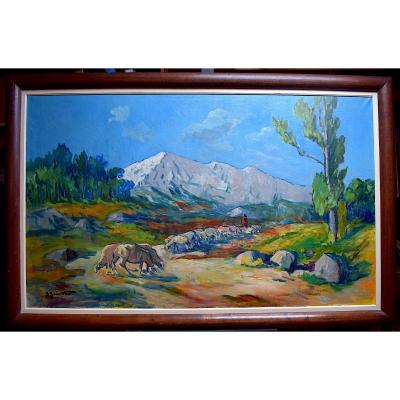 Jean Guindon Large Format Sainte Victoire Mountain Shepherd Sheep Provençal Landscape XX Rt312 *