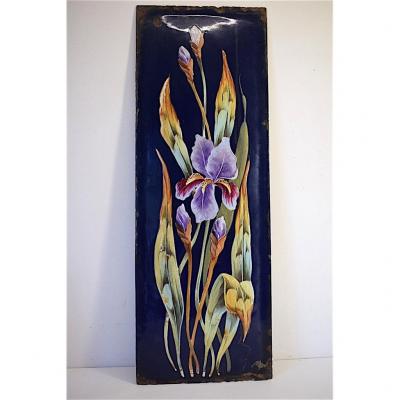 Plaque émaillée Bombée Aux Iris Fleurs Art Nouveau 1900 Tôle Émail 