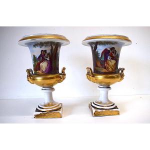 Pair Of Medici Porcelain Vase Old Paris Romantic Scene Around 1840 XIX Ref188