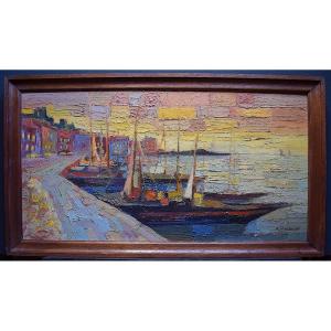 Marine Port Scene Fauve Cubist Boat  Signed  To Be Identified XX Rt419