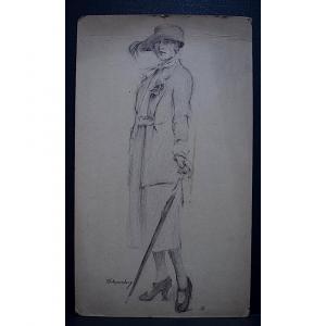 Marius Chambon Dessin Femme au Parapluie Années 1920 1925  Paris élégante RT445