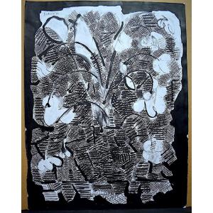 Adrien Seguin Dessin Composition Encre Noire Fleurs Abstrait Expressionniste 1979  XX  RT474