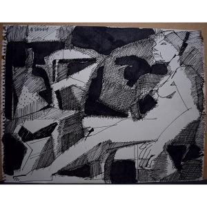 Adrien Seguin Nude Sitting Woman Drawing Composition Black Ink Expressionist Drawing XX Rt475