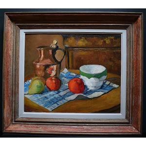 Still Life Copper Pitcher Fruit Bowl Signed XX Rt540