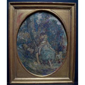 Scène galante romantique impressionniste bergère et son chien XIX RT552