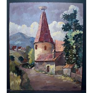 Henri Schwagh  Alsace Ribeauvillé tour des cigognes Art alsacien XX RT555