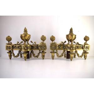 Pair Of Andirons In Bronze Decorated With Fire Pot Fruits Flowers XIXth Ref359