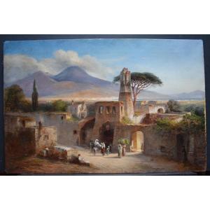  A IDENTIFIER  Naples Signé Scène de Genre Animée Napolitaine Vésuve Italie 1870  XIX RT598