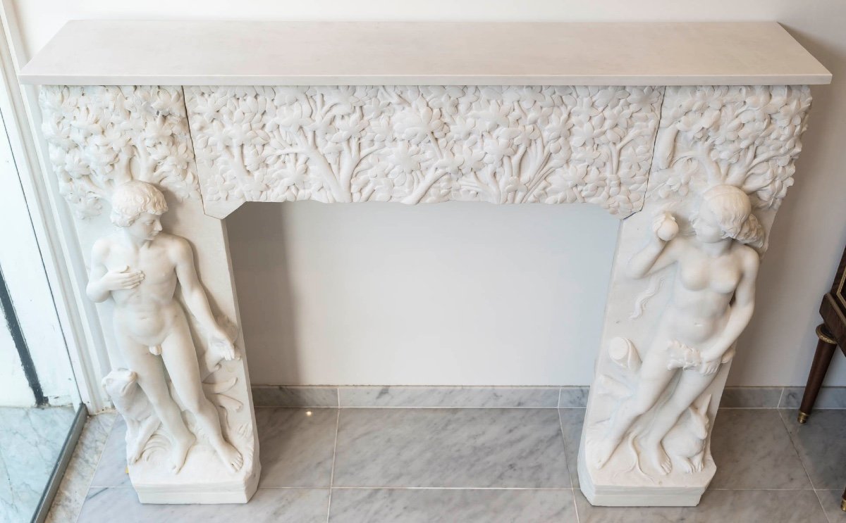Rare Art Nouveau Fireplace Depicting Adam And Eve In The Garden Of Eden, Circa 1900-photo-1