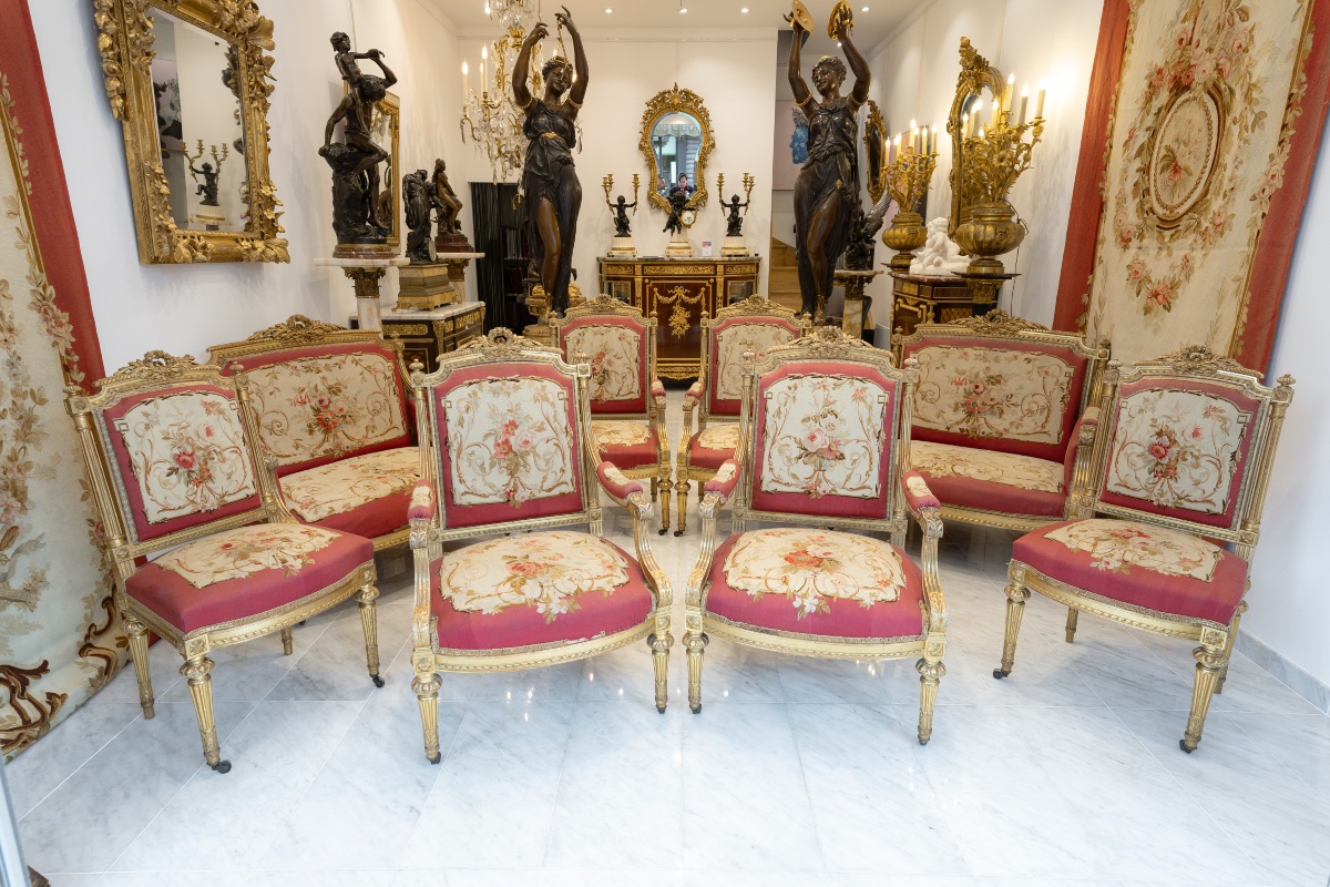 Salon complet de 8 pièces et 4 tentures murales, tapisserie d’Aubusson, Circa 1870-photo-7