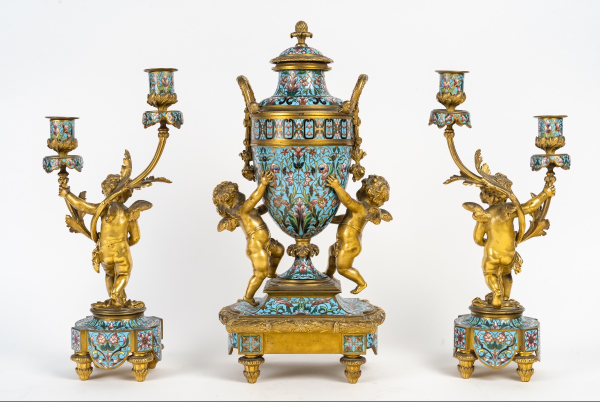 Cloisonné Enamel Three-piece Clock Garniture, Circa 1860-photo-2