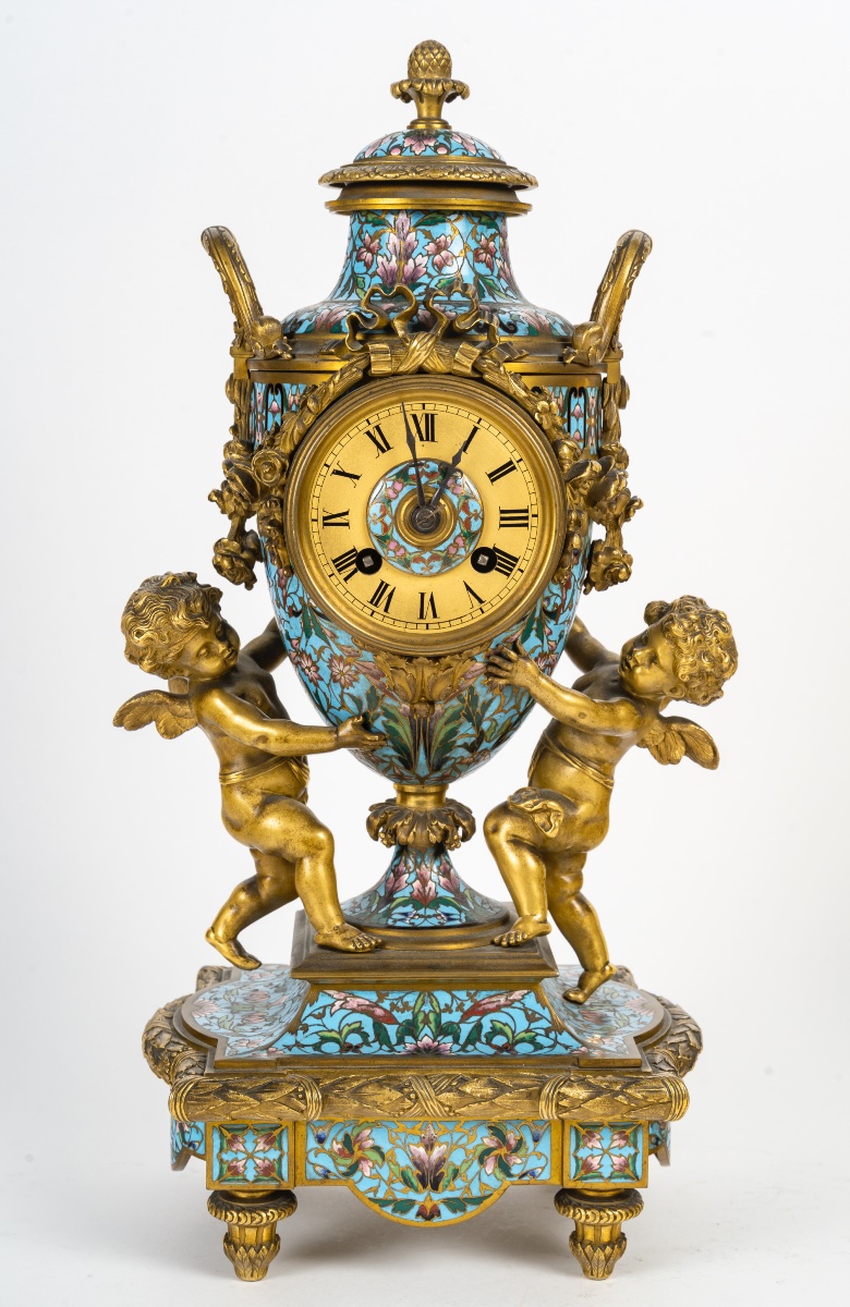 Cloisonné Enamel Three-piece Clock Garniture, Circa 1860-photo-4
