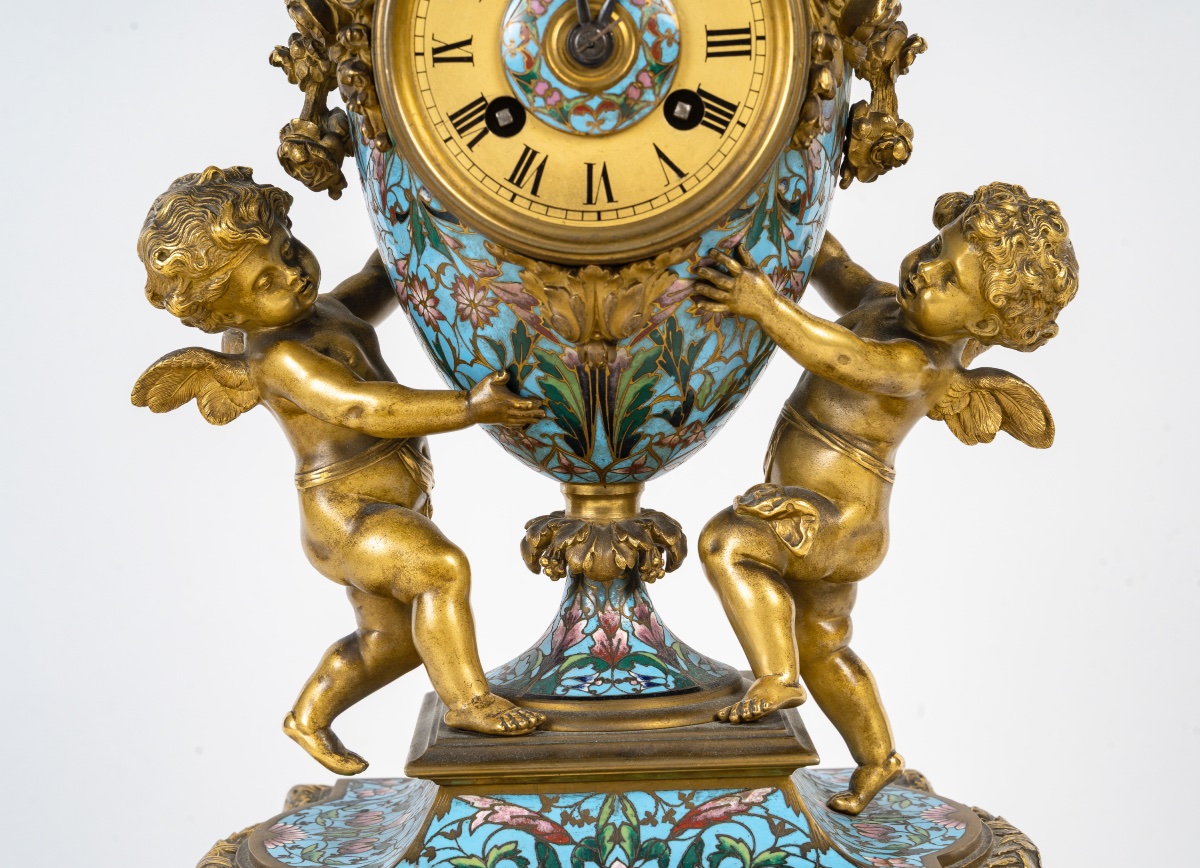 Cloisonné Enamel Three-piece Clock Garniture, Circa 1860-photo-2