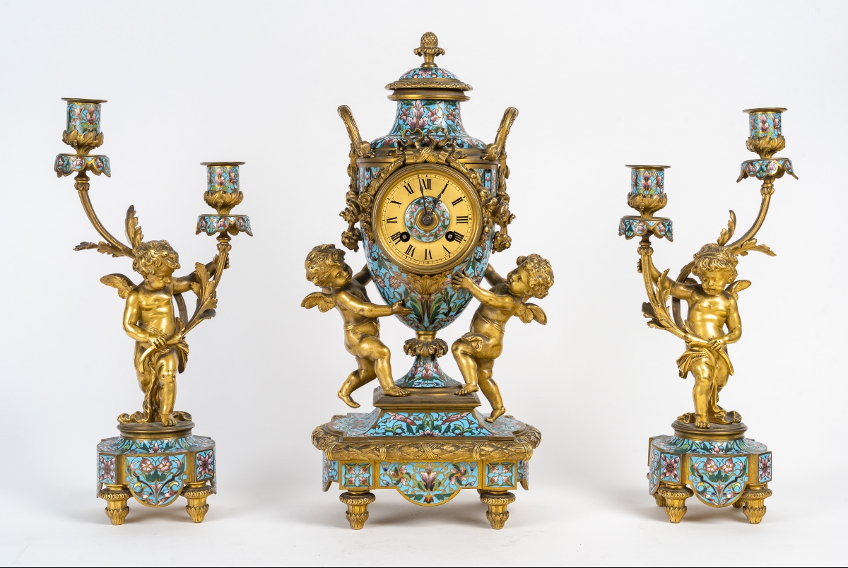 Cloisonné Enamel Three-piece Clock Garniture, Circa 1860