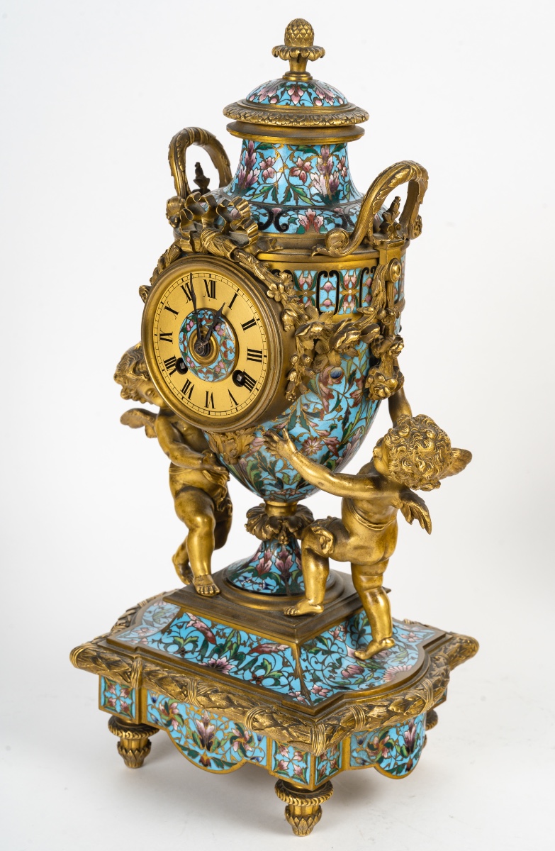 Cloisonné Enamel three-piece Clock Set, Circa 1860-photo-2
