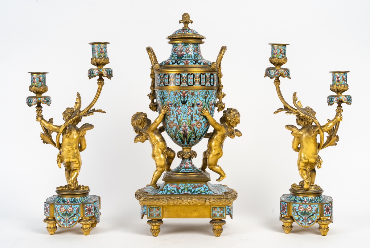 Cloisonné Enamel three-piece Clock Set, Circa 1860-photo-4