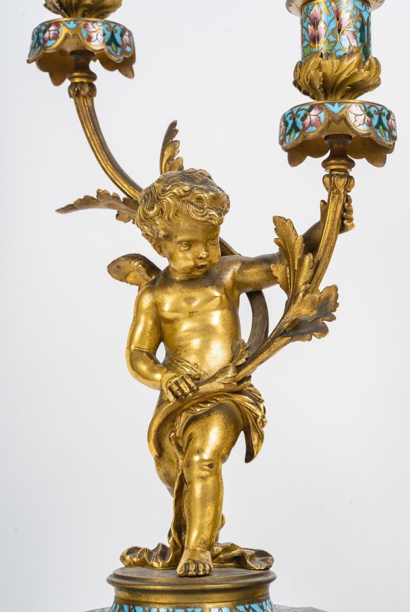 Cloisonné Enamel three-piece Clock Set, Circa 1860-photo-4