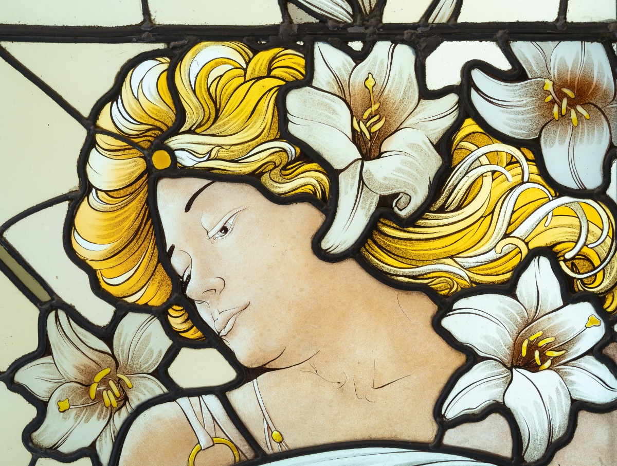 Art Nouveau Stained-glass Window, Woman With Lilies-photo-3