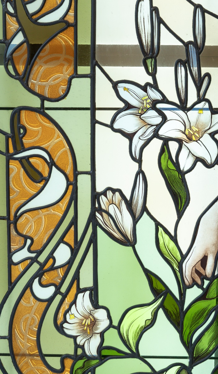 Art Nouveau Stained-glass Window, Woman With Lilies-photo-3