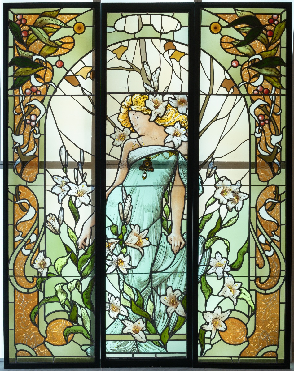 Art Nouveau Stained-glass Window, Woman With Lilies