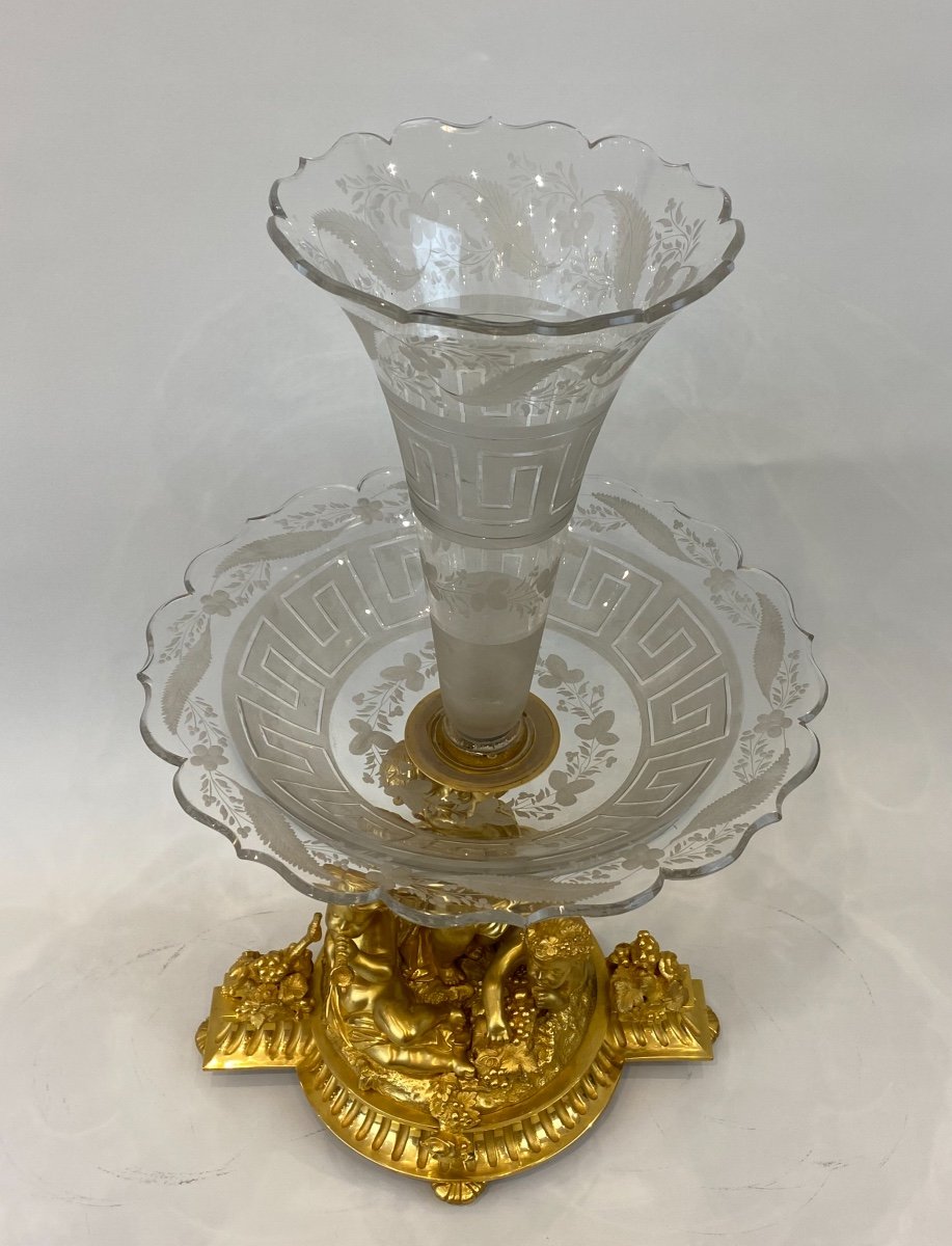 Grand Centre De Table En Cristal Taillé Et Bronze Doré De La Fin Du 19 ème Siècle.-photo-2