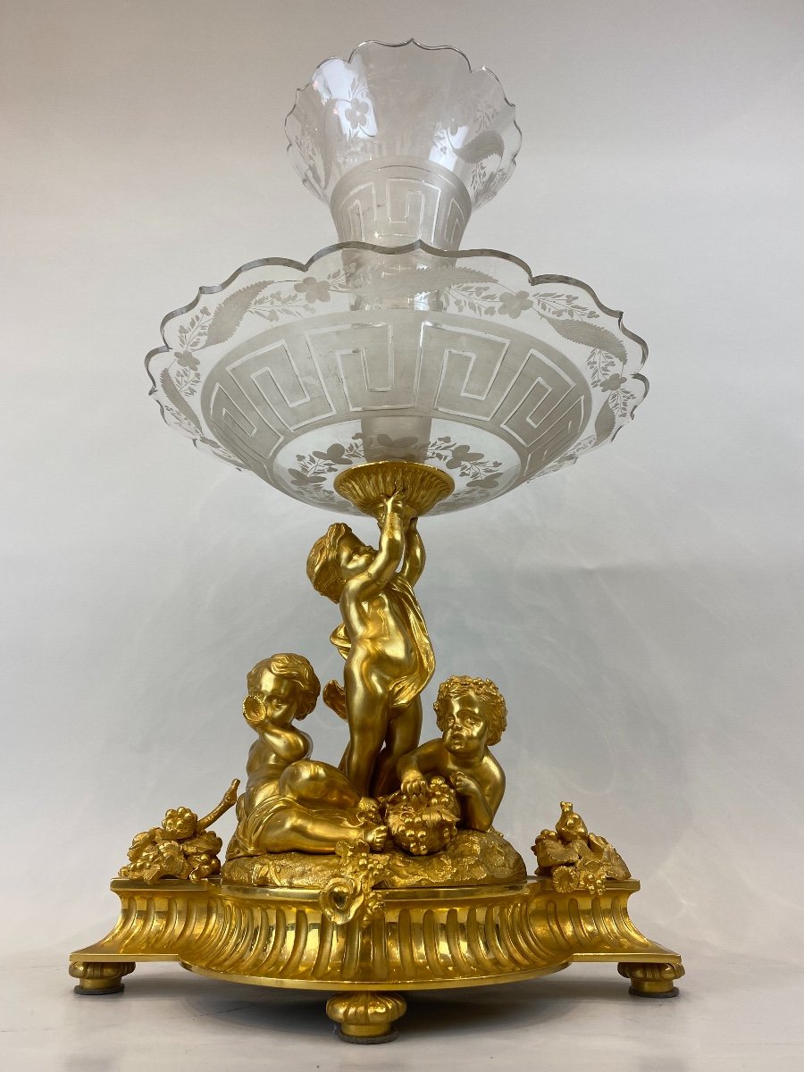 Grand Centre De Table En Cristal Taillé Et Bronze Doré De La Fin Du 19 ème Siècle.-photo-3