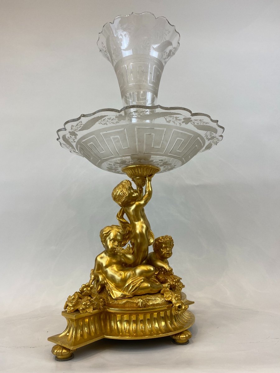 Grand Centre De Table En Cristal Taillé Et Bronze Doré De La Fin Du 19 ème Siècle.-photo-4