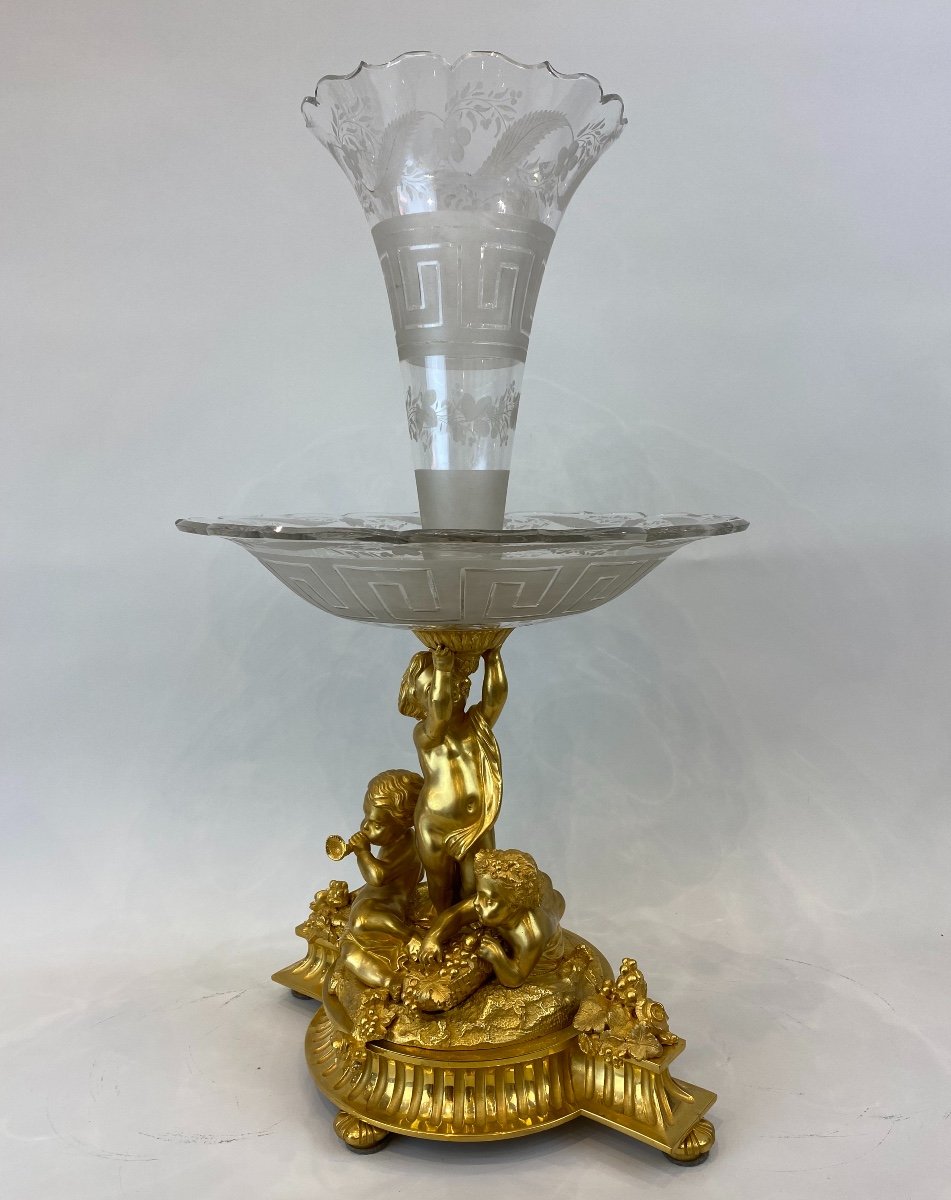 Grand Centre De Table En Cristal Taillé Et Bronze Doré De La Fin Du 19 ème Siècle.-photo-5